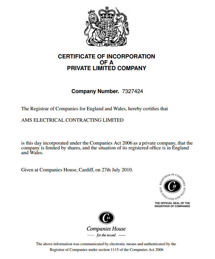 AMS Electrical's certificate of incorporation - the link leads to certificate-of-incorporation.pdf