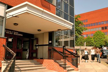 A photo of the entrance to the Hicks Building